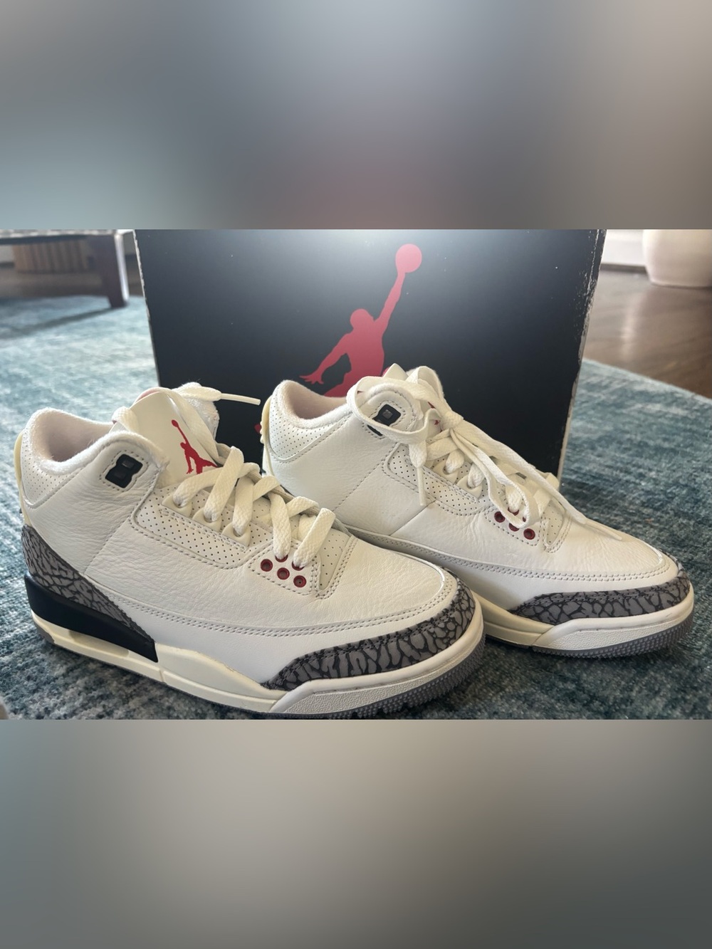 Air Jordan Retro White with Grey Elephant Print and Red Accents Sneakers